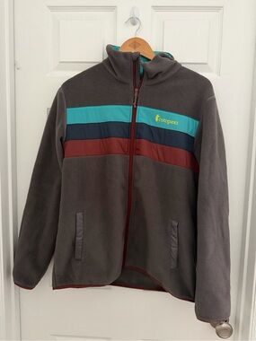cotopaxi Gray Fleece Jacket with Teal, Navy & Burgundy Stripes